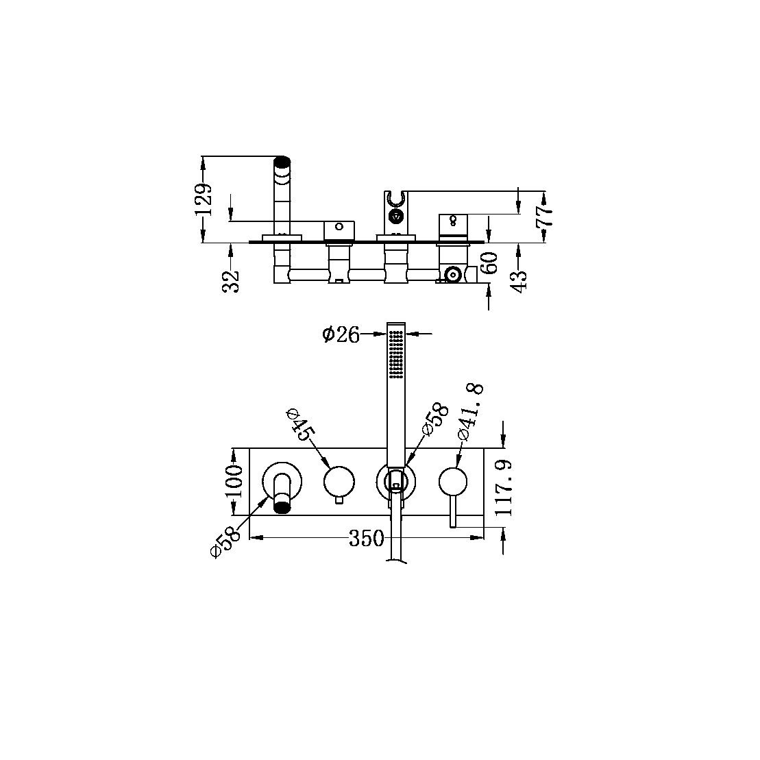 MECCA WALL MOUNTED BATH MIXER WITH HANDSHOWER MATTE BLACK (NR221903dMB)