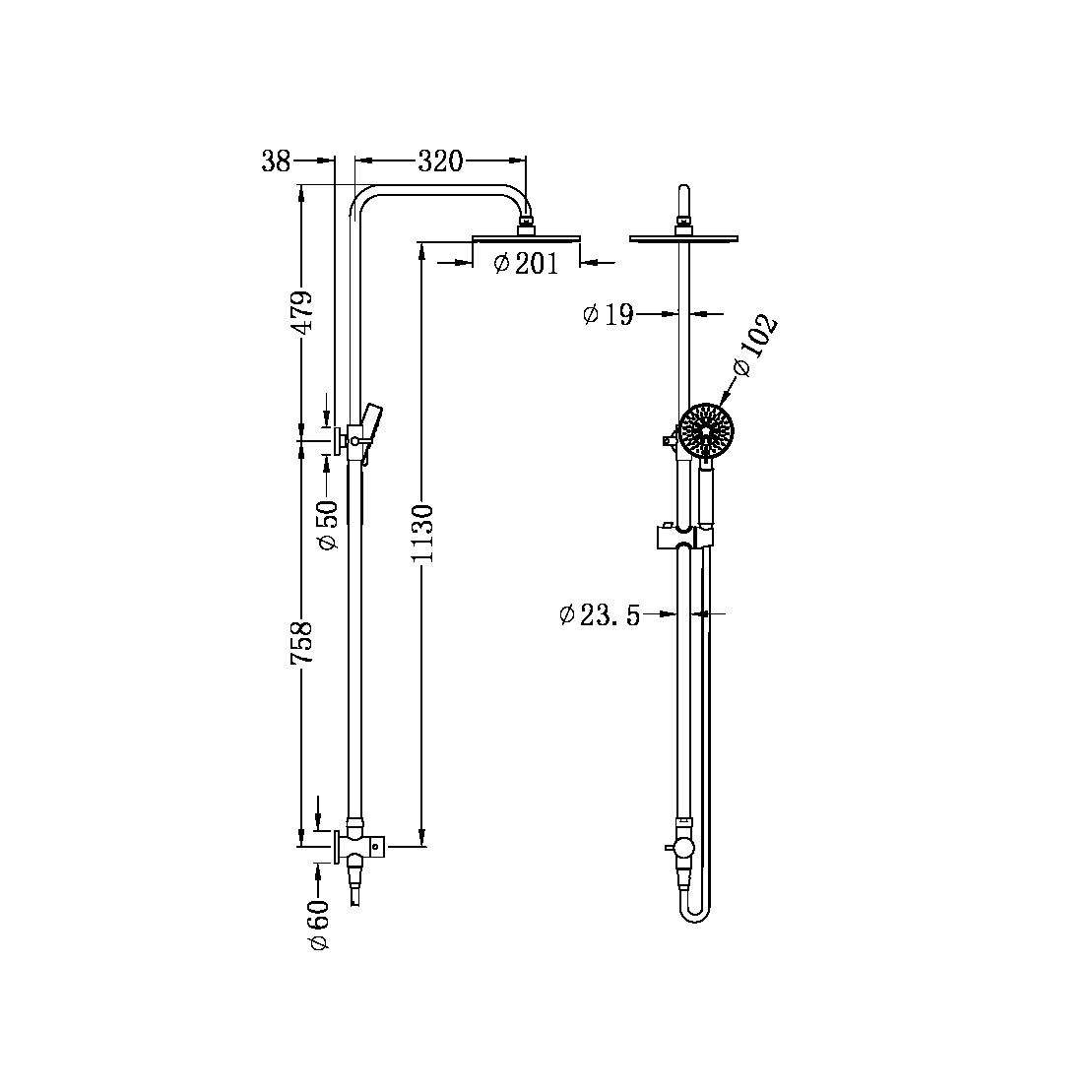 DOLCE ROUND SHOWER SET (BOTTOM INLET) CHROME (NR280705cbCH)