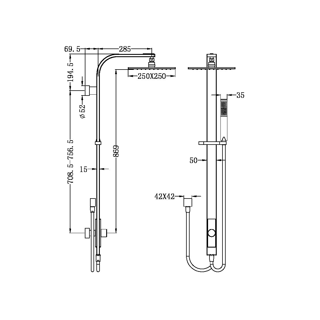 ASTRA RAIN SQUARE SHOWER SET CHROME (DOUBLE HOSE) (NR281305dCH)