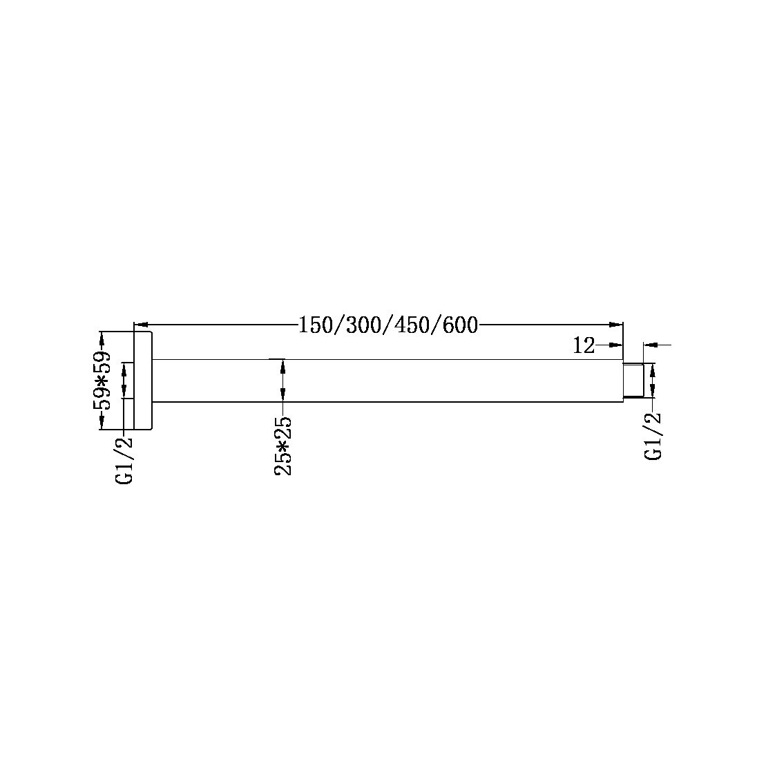 SQUARE CEILING ARM 150MM/300MM/450MM/600MM CHROME (NR504150CH/NR504300CH/NR504450CH/NR504600CH)