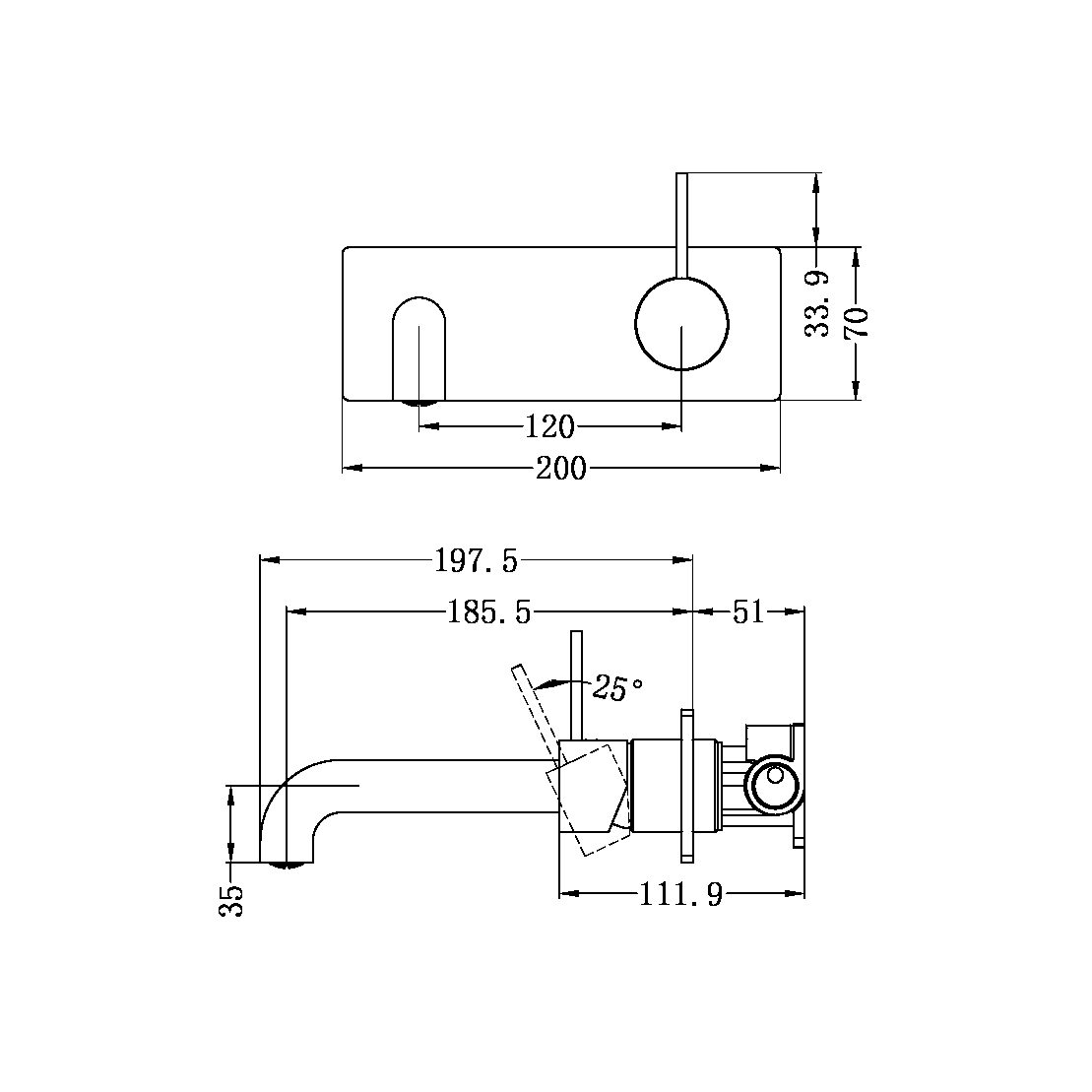 MECCA WALL BASIN/BATH MIXER HANDLE UP 120/160/185/230/260 MM SPOUT MATTE BLACK (NR221910b120/160/185/230/260 MB)