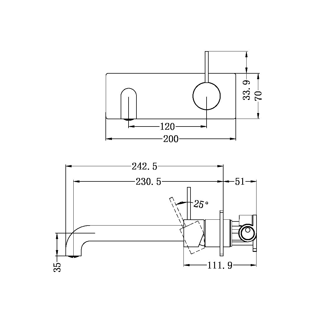 NR221907b 230MM MECCA WALL BASIN/BATH MIXER HANDLE UP 120/160/185/230/260 MM SPOUT BRUSHED BRONZE (NR221910b120/160/185/230/260 BZ)