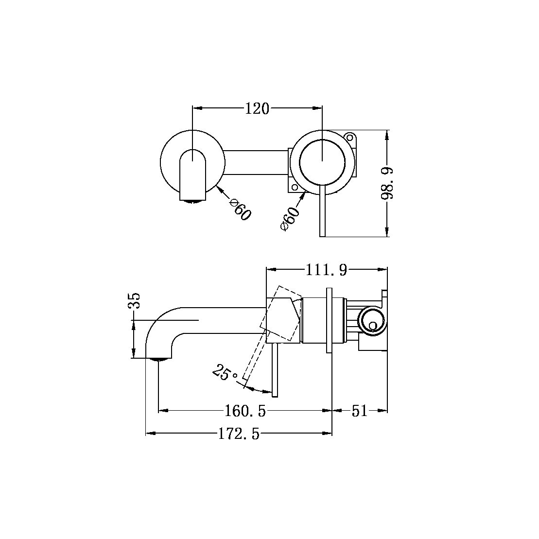 MECCA WALL BASIN/BATH MIXER160/185/230MM GUN METAL ( SEPARATE BACK PLATE）(NR221907c160/185/230 GM)