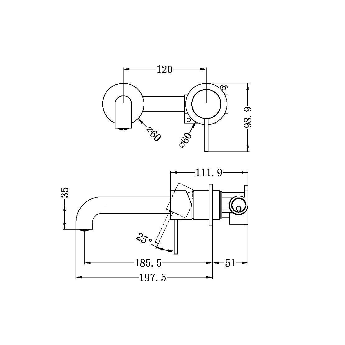MECCA WALL BASIN/BATH MIXER160/185/230MM GUN METAL ( SEPARATE BACK PLATE）(NR221907c160/185/230 GM)