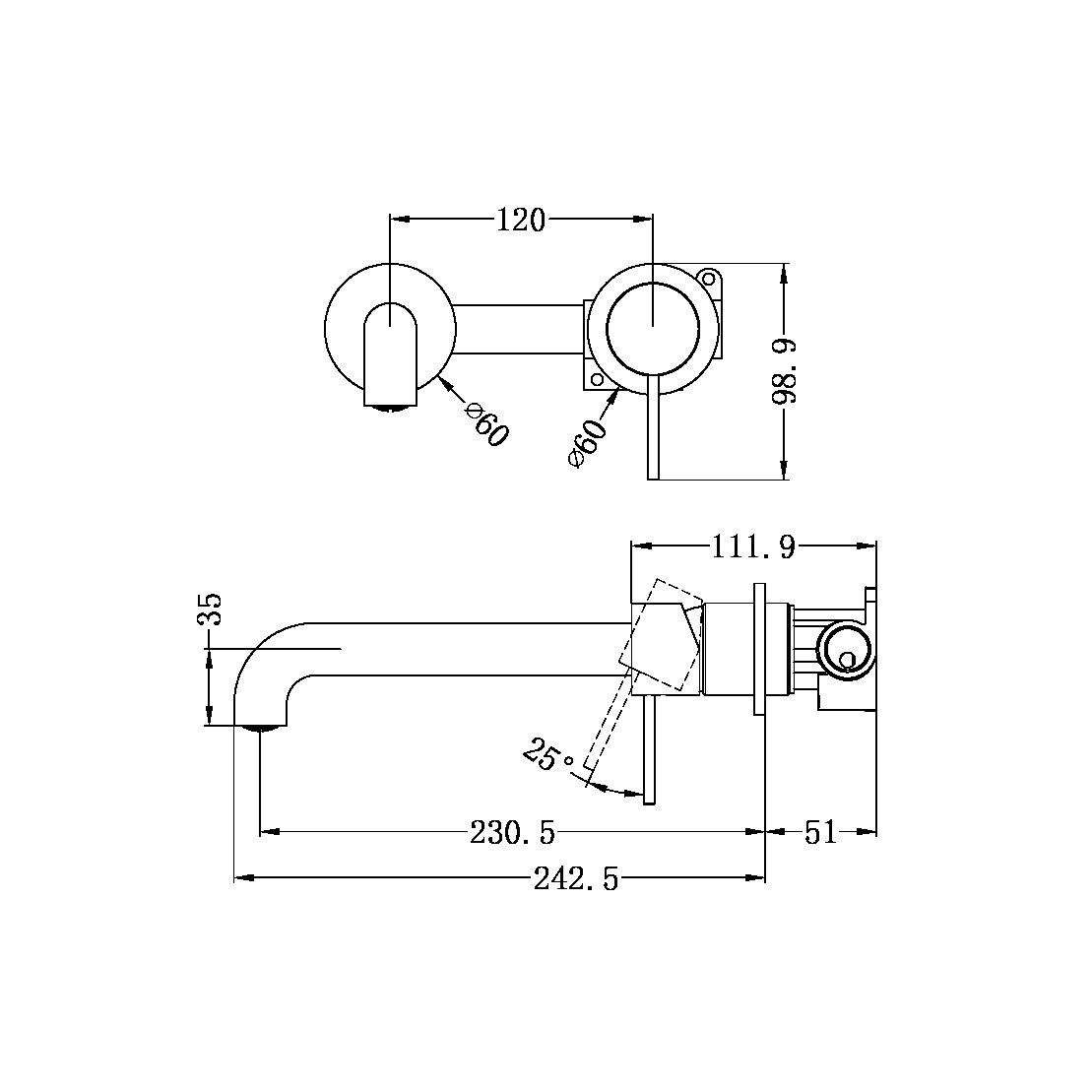 MECCA WALL BASIN/BATH MIXER160/185/230MM GUN METAL ( SEPARATE BACK PLATE）(NR221907c160/185/230 GM)
