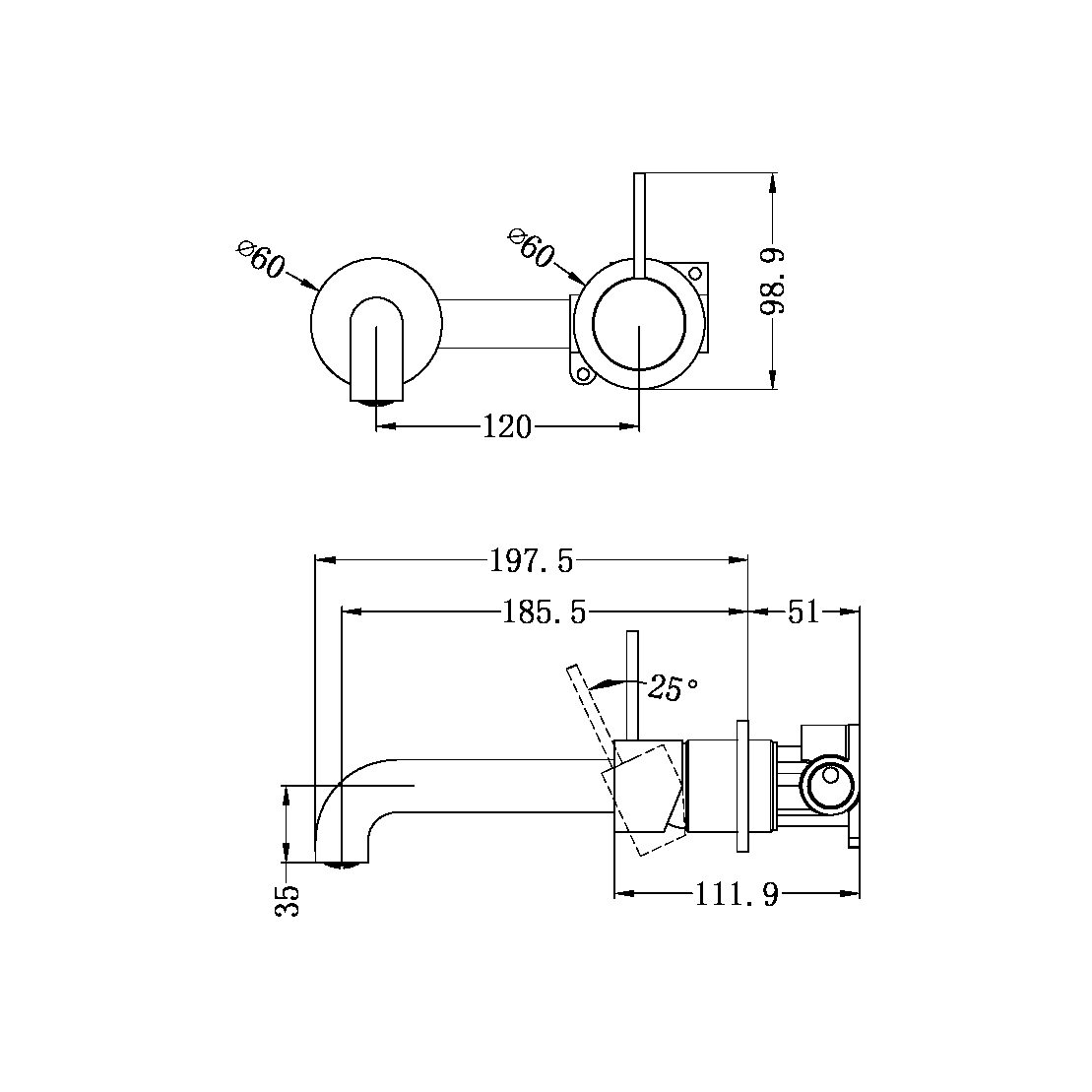 MECCA WALL BASIN/BATH MIXER SEPARATE BACK PLATE HANDLE UP 120/160/185/230/260 MM SPOUT GUN METAL (NR221910D120/160/185/230/260 GM)