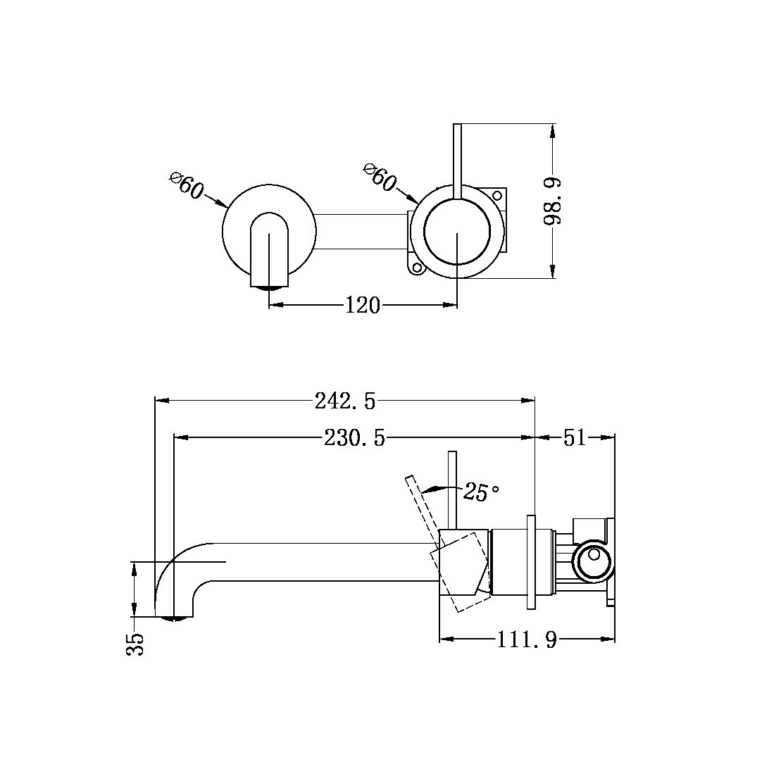 NR221907d 230MM MECCA WALL BASIN/BATH MIXER SEPARATE BACK PLATE HANDLE UP 120/160/185/230/260 MM SPOUT BRUSHED BRONZE (NR221910d120/160/185/230/260 BZ)