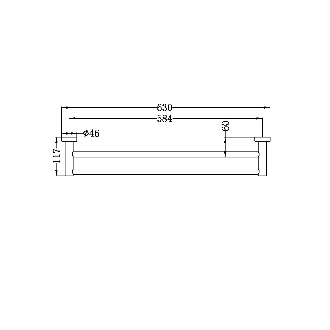 MECCA DOUBLE TOWEL RAIL 600MM MATTE BLACK (NR1924dMB)