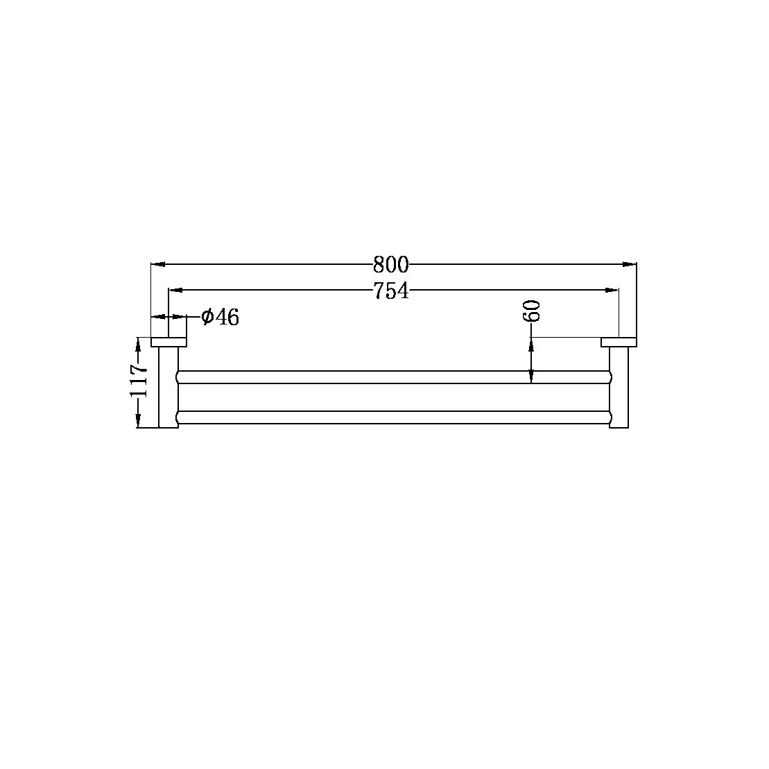 MECCA DOUBLE TOWEL RAIL 800MM BRUSHED NICKEL (NR1930dBN)
