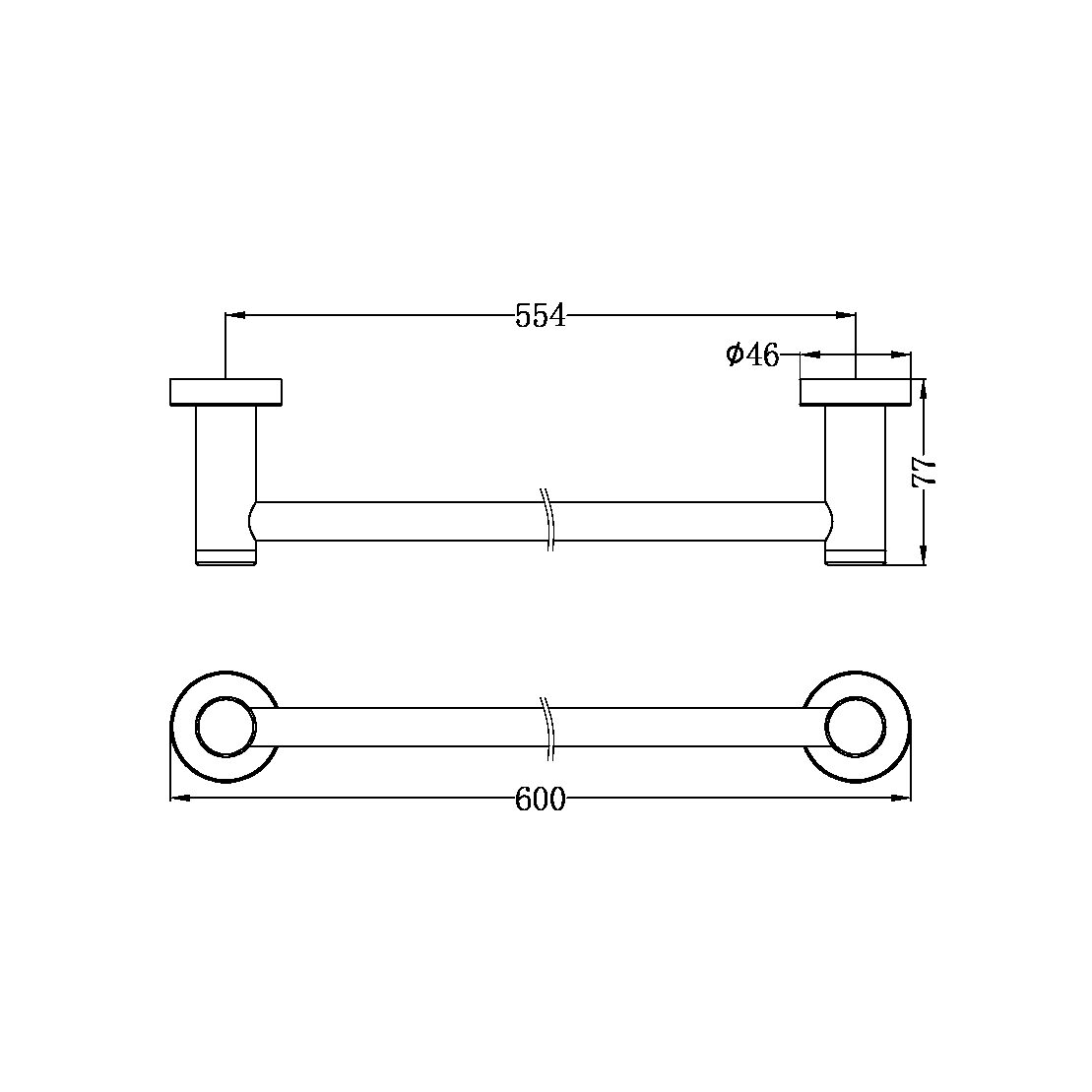 CLASSIC SINGLE TOWEL RAIL 600MM MATTE BLACK (NR2024MB)