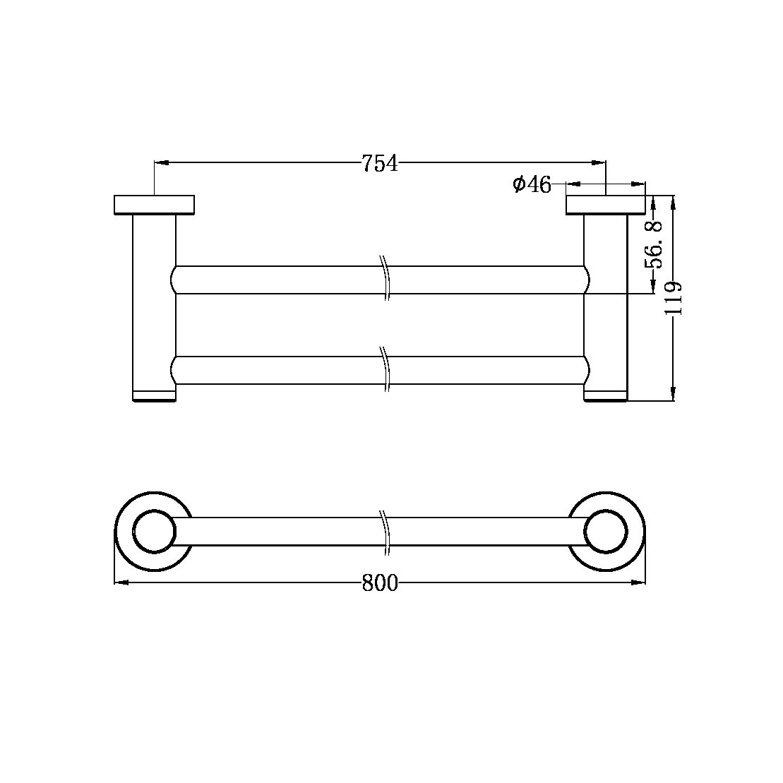 CLASSIC DOUBLE TOWEL RAIL 800MM BRUSHED NICKEL (NR2030dBN)