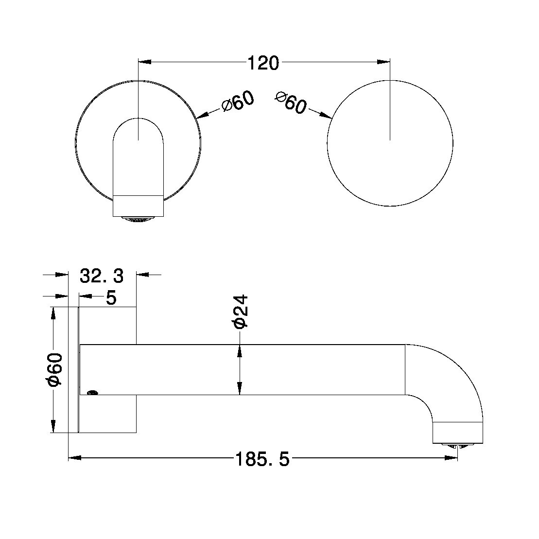 NR271907A185 KARA PROGRESSIVE WALL BASIN/BATH SET 120/160/185/230/260MM SPOUT MATTE BLACK (NR271907a120/160/185/230/260 MB)