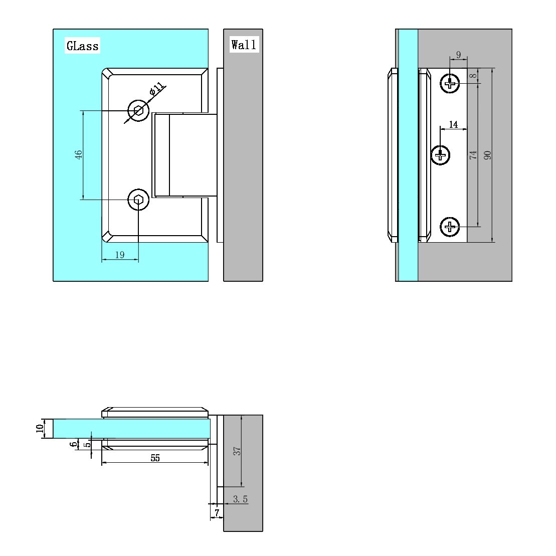 90 DEGREE GLASS TO WALL SHOWER HINGE 10MM GLASS GUN METAL (NRSH101GM)