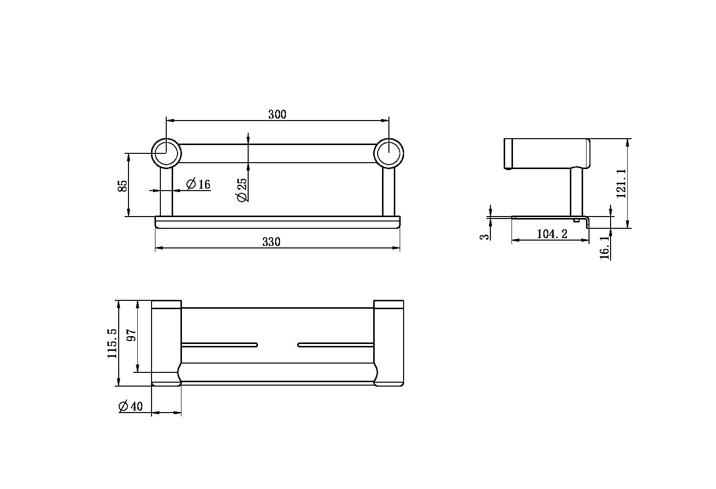 MECCA CARE 25MM GRAB RAIL WITH SHELF 300MM GUN METAL (NRCR2512cGM)