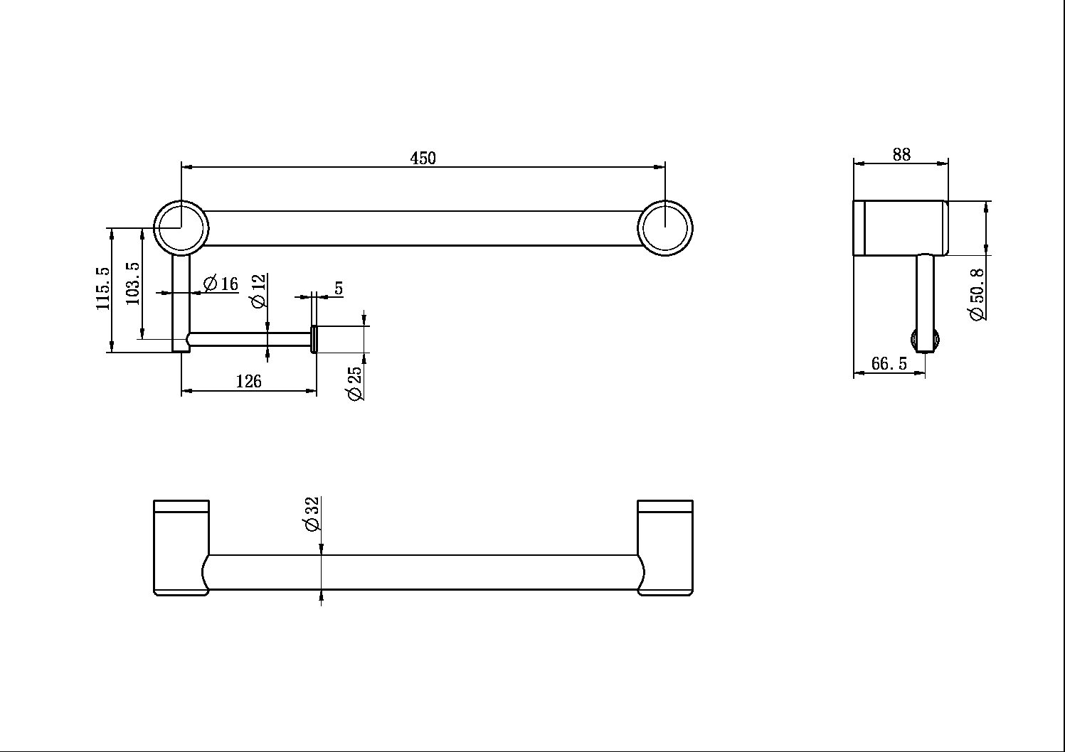 MECCA CARE 32MM GRAB RAIL WITH TOILET ROLL HOLDER 450MM GUN METAL (NRCR3218aGM)