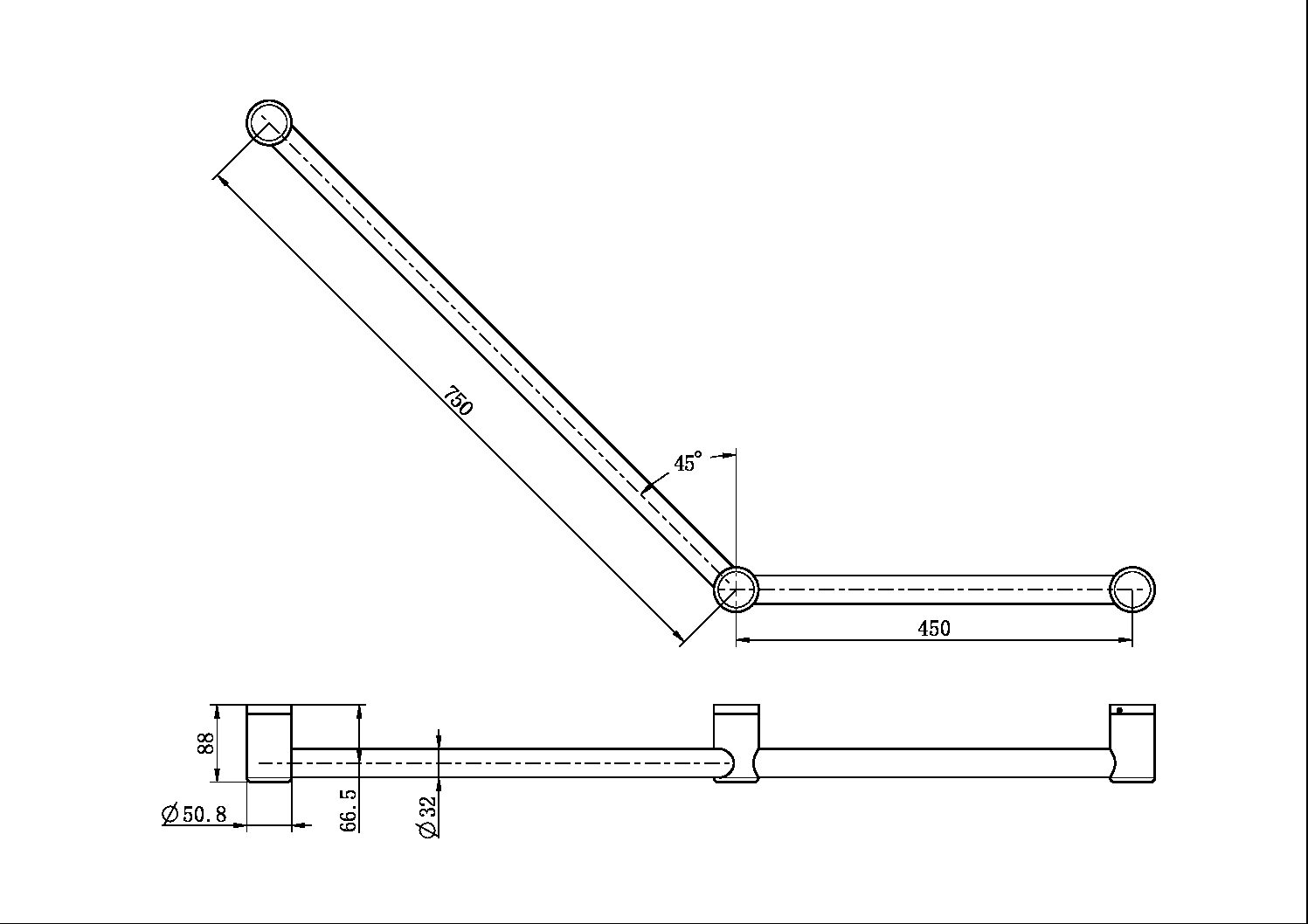MECCA CARE 32MM AMBULANT TOILET GRAB RAIL 45 DEGREE 750x450MM GUN METAL (NRCR3245aGM)