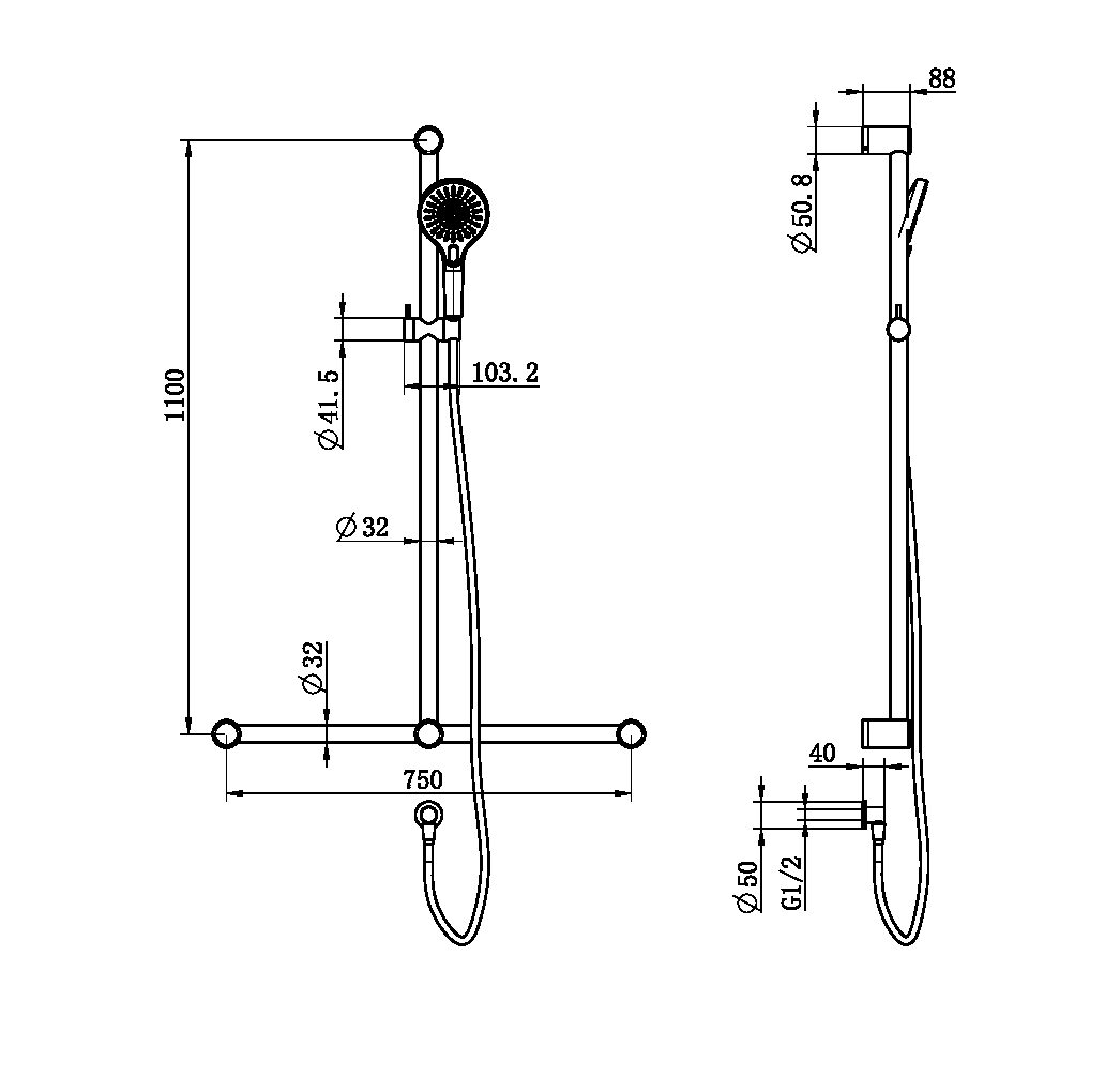 MECCA CARE 32MM T BAR GRAB RAIL AND ADJUSTABLE SHOWER SET 1100X750MM GUN METAL (NRCS006GM)