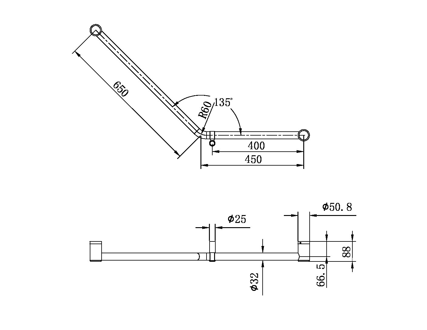 MECCA CARE 32MM AMBULANT 45 DEGREE BENT TUBE GRAB RAIL 450X650MM BRUSHED NICKEL (NRCR3245dBN)