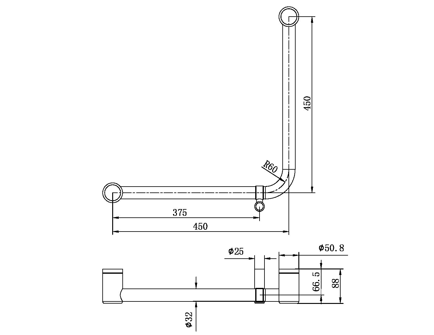 MECCA CARE 32MM AMBULANT 90 DEGREE BENT TUBE GRAB RAIL 450X450MM BRUSHED GOLD (NRCR3290dBG)