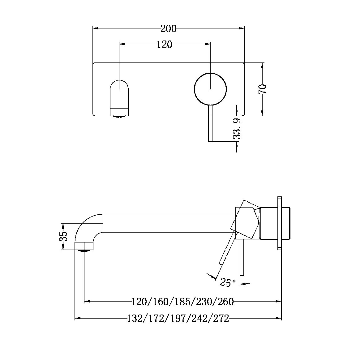 MECCA WALL BASIN/BATH MIXER 120/160/185/230/260MM TRIM KITS ONLY BRUSHED BRONZE (NR221910a120/160/185/230/260TBZ)