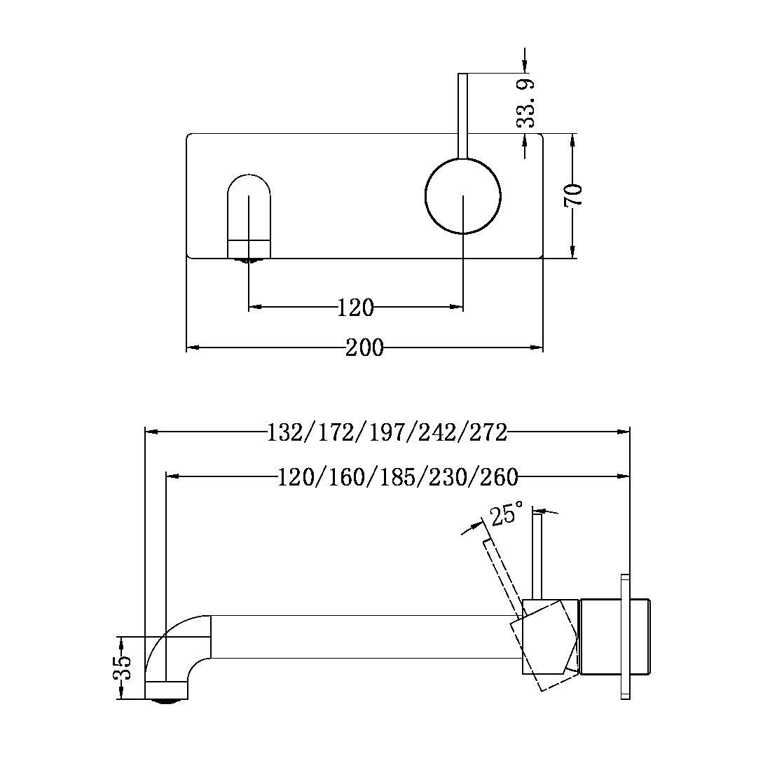 MECCA WALL BASIN/BATH MIXER HANDLE UP 120/160/185/230/260MM TRIM KITS ONLY CHROME (NR221910b120/160/185/230/260TCH)