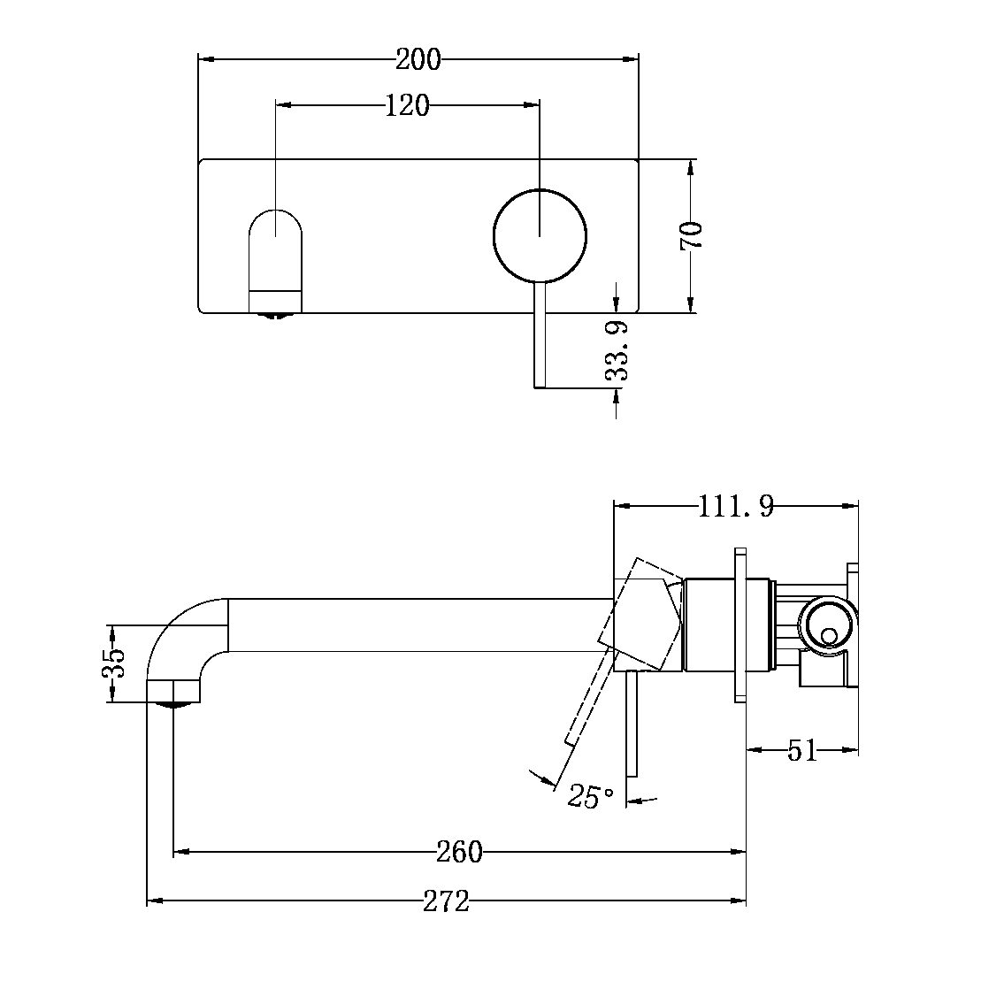 NR221910A260 MECCA WALL BASIN/BATH MIXER 120/160/185/230/260MM SPOUT MATTE BLACK (NR221910a120/160/185/230/260MB)