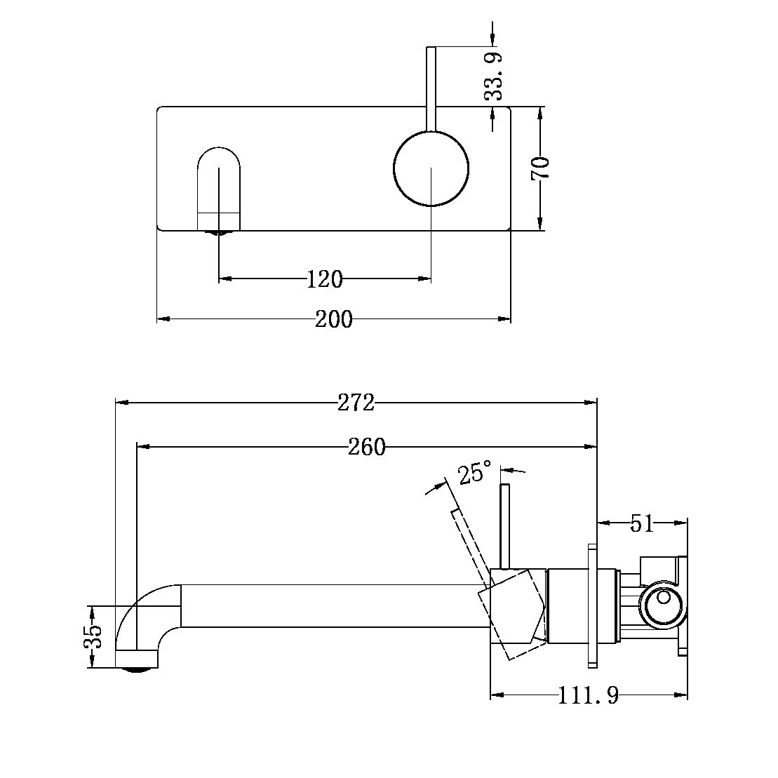 NR221910B260 MECCA WALL BASIN/BATH MIXER HANDLE UP 120/160/185/230/260 MM SPOUT BRUSHED BRONZE (NR221910b120/160/185/230/260 BZ)