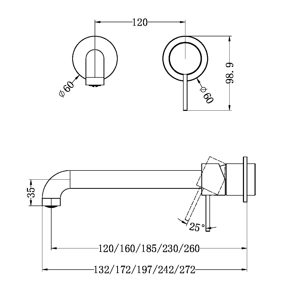 MECCA WALL BASIN/BATH MIXER SEPARATE BACK PLATE 120/160/185/230/260MM TRIM KITS ONLY CHROME (NR221910C120/160/185/230/260TCH)