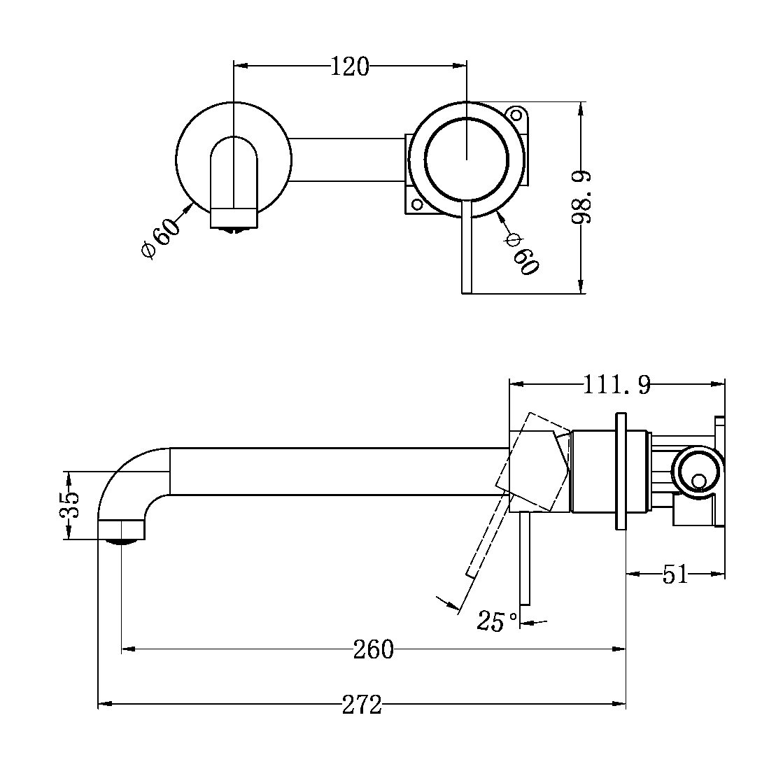 NR221910C260 MECCA WALL BASIN/BATH MIXER SEPARATE BACK PLATE 120/160/185/230/260 MM SPOUT BRUSHED GOLD (NR221910c120/160/185/230/260 BG)