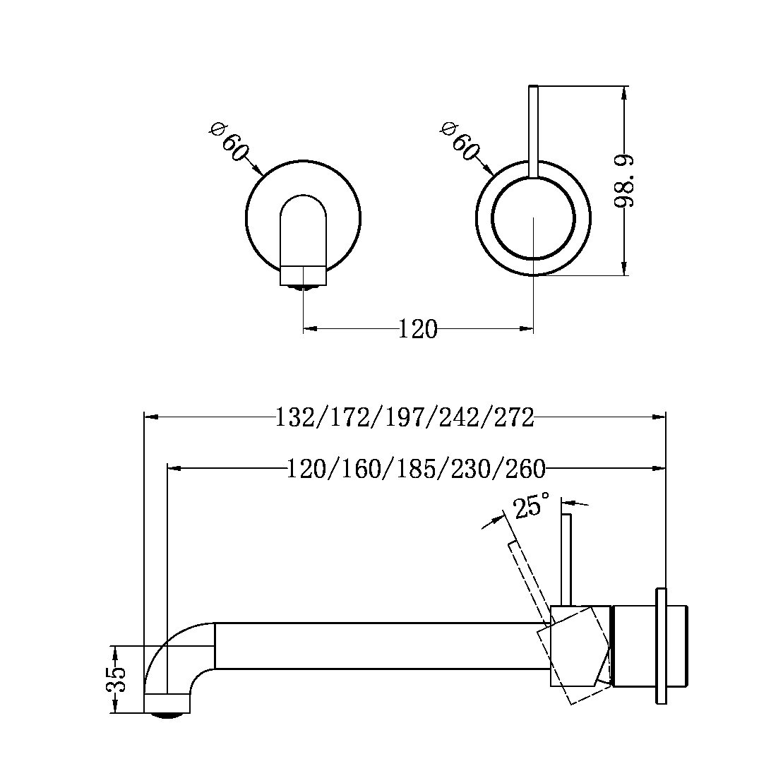 MECCA WALL BASIN/BATH MIXER SEPARATE BACK PLATE HANDLE UP 120/160/185/230/260MM TRIM KITS ONLY MATTE WHITE (NR221910D120/160/185/230/260TMW)