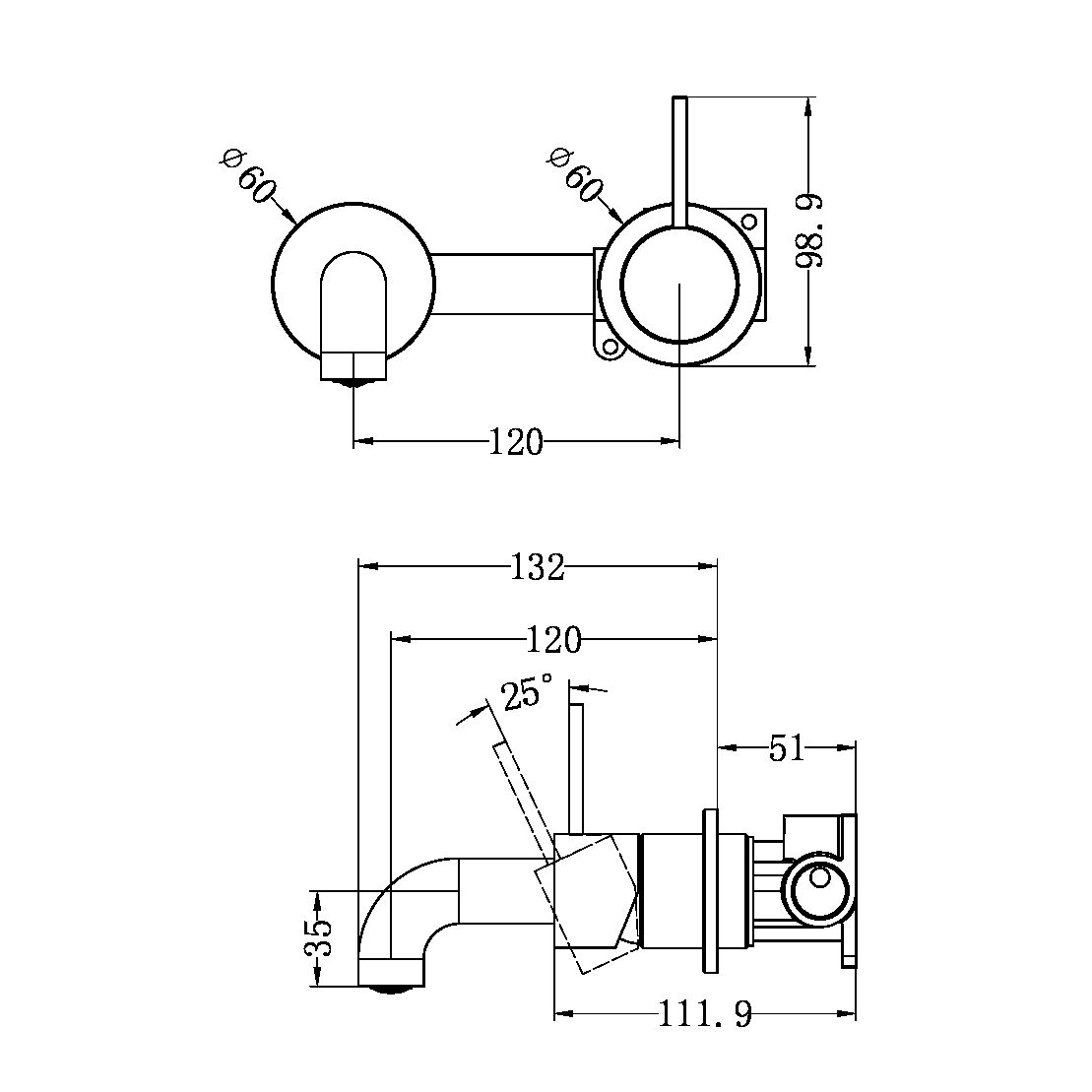 MECCA WALL BASIN/BATH MIXER SEPARATE BACK PLATE HANDLE UP 120/160/185/230/260 MM SPOUT GUN METAL (NR221910D120/160/185/230/260 GM)