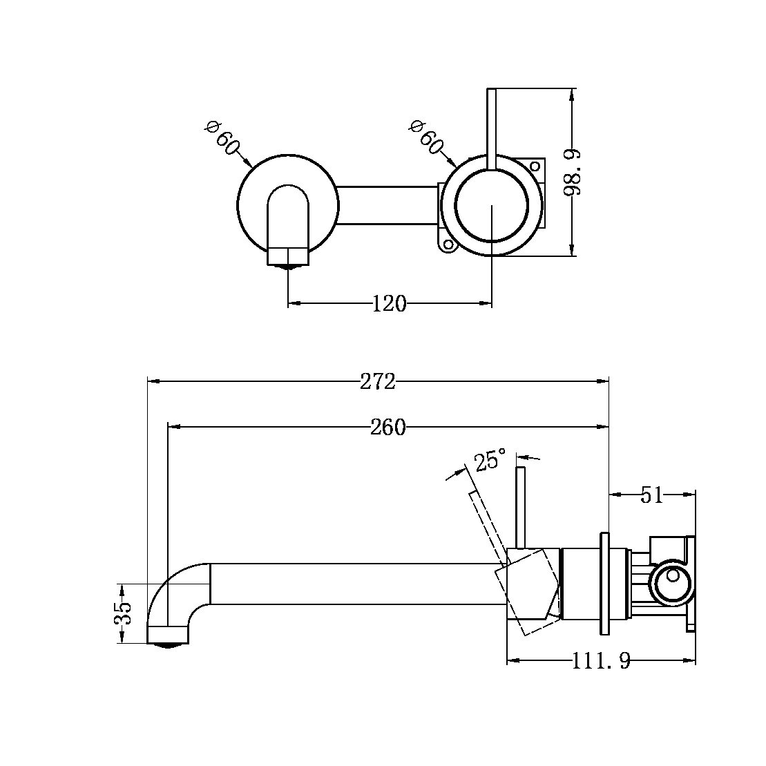 NR221910D260 MECCA WALL BASIN/BATH MIXER SEPARATE BACK PLATE HANDLE UP 120/160/185/230/260 MM SPOUT BRUSHED BRONZE (NR221910d120/160/185/230/260 BZ)