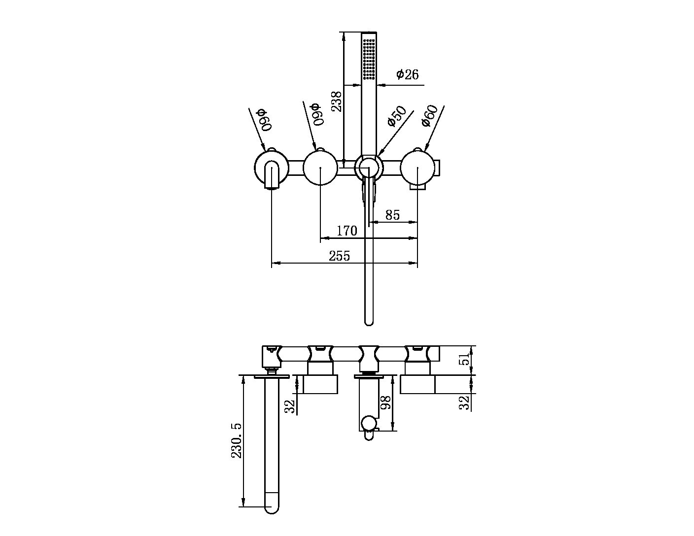 KARA PROGRESSIVE SHOWER SYSTEM SHOWER FAUCET SET SEPARATE PLATE WITH SPOUT 230/250MM GUN METAL (NR271903b230/250GM)