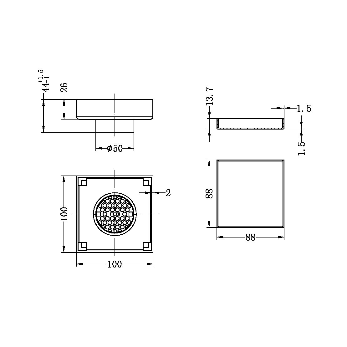 100MM SQUARE TILE INSERT FLOOR WASTE 50MM OUTLET SHOWER DRAIN FLOOR DRAIN OUTLET GUN METAL (NRFW006GM)