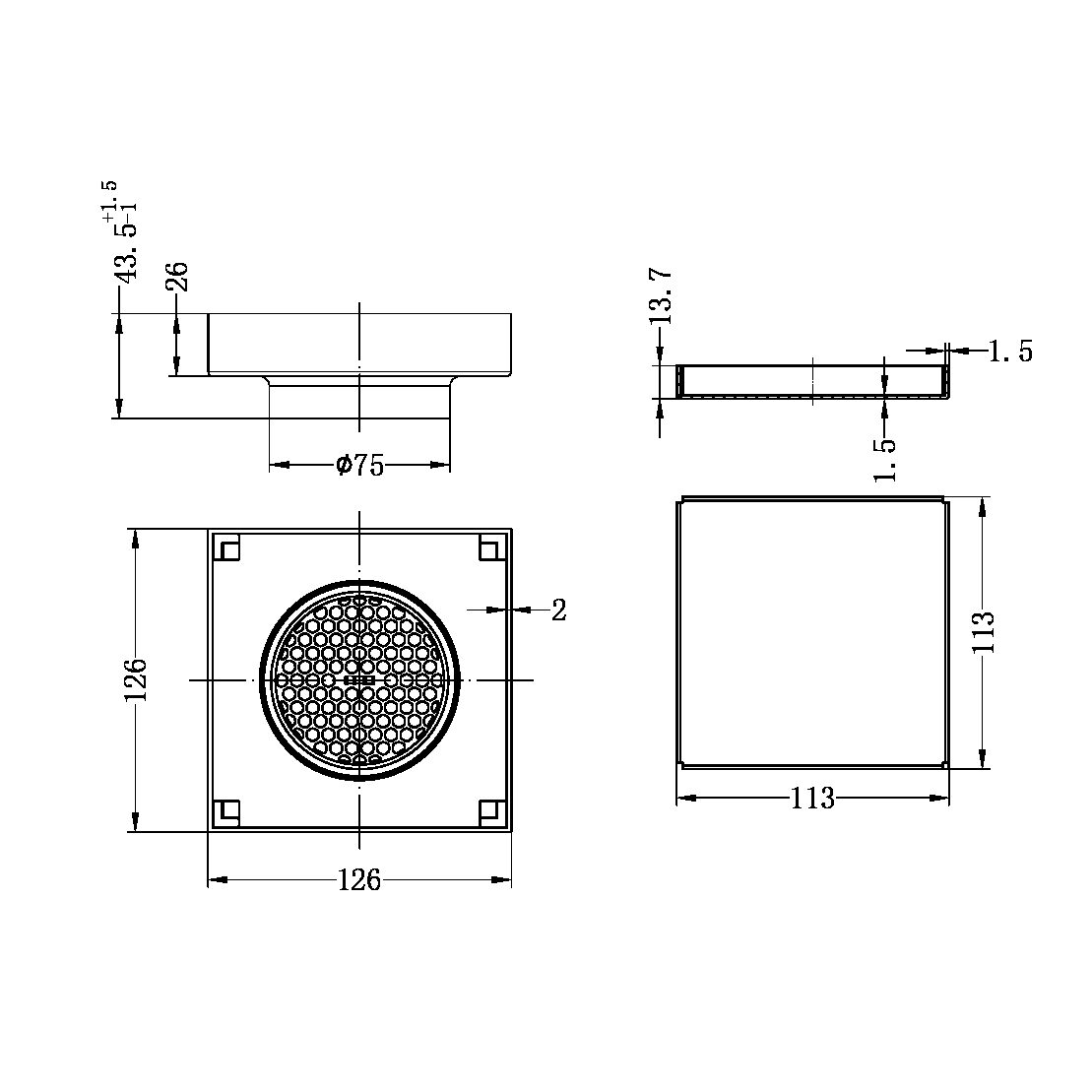 130MM SQUARE TILE INSERT FLOOR WASTE 80MM OUTLET SHOWER DRAIN FLOOR DRAIN GUN METAL (NRFW007GM)