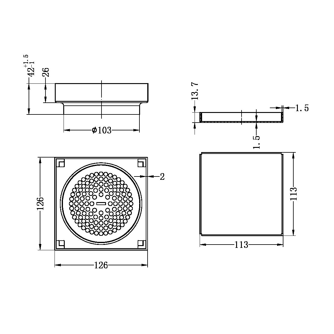 130MM SQUARE TILE INSERT FLOOR WASTE 100MM OUTLET SHOWER DRAIN FLOOR DRAIN GUN METAL (NRFW008GM)